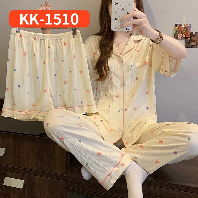 new Sweet Women Fashion 3/pce Pajama Set Girls Pants Shorts Korean-style Stripes Bows Loungewear Set Lady Loose Homewear Pajama