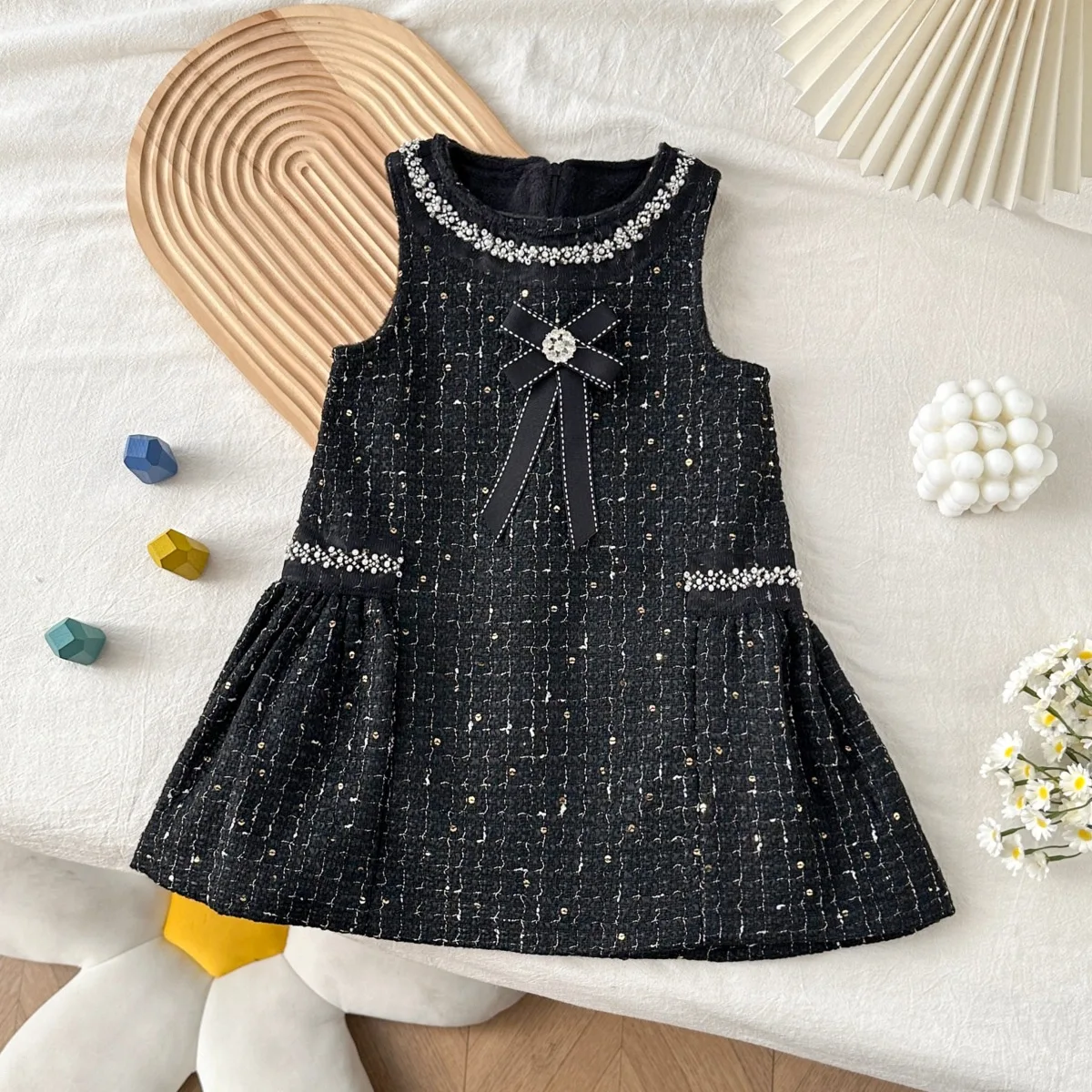 Mädchen Tweed Ärmelloses Westenkleid mit Fleece, Neuer Herbst- und Winterstil, Schwarzes Luxus-Paillettenkleid für Babys