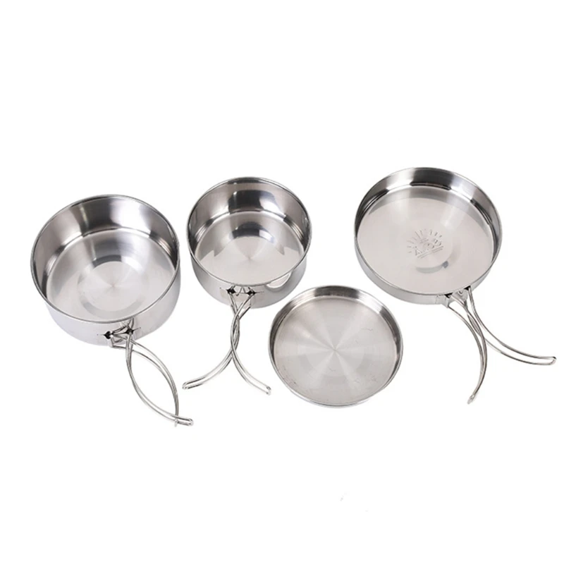 4Pcs Anti-rust Stainless Steel Pots/Frying Pan/Lid for Outdoor Camping Cooking