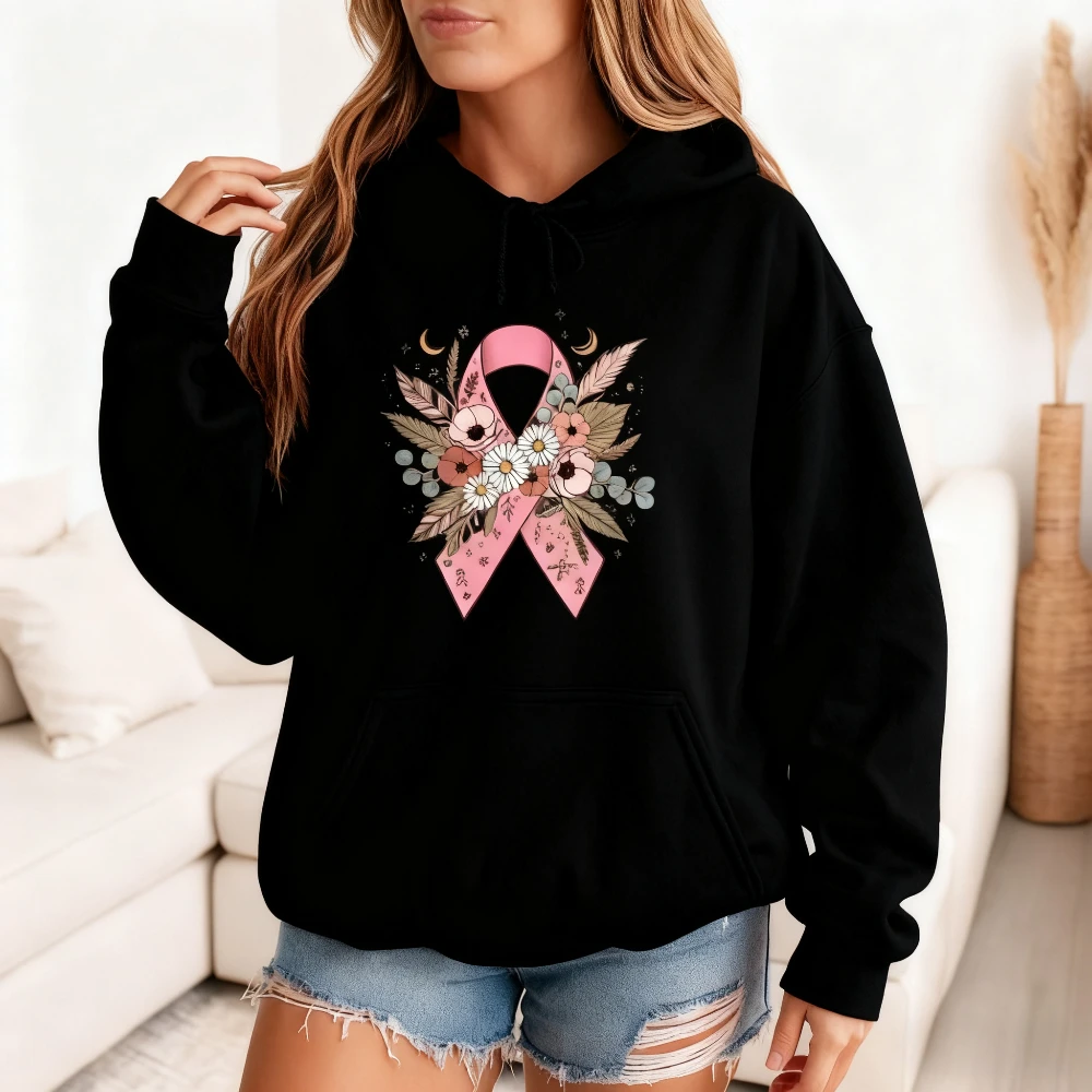 Breast Cancer Awareness Hoodies Pink Ribbon Graphic Tops Support Hope Love Strength Clothing Inspirational Outfit Women Apparel
