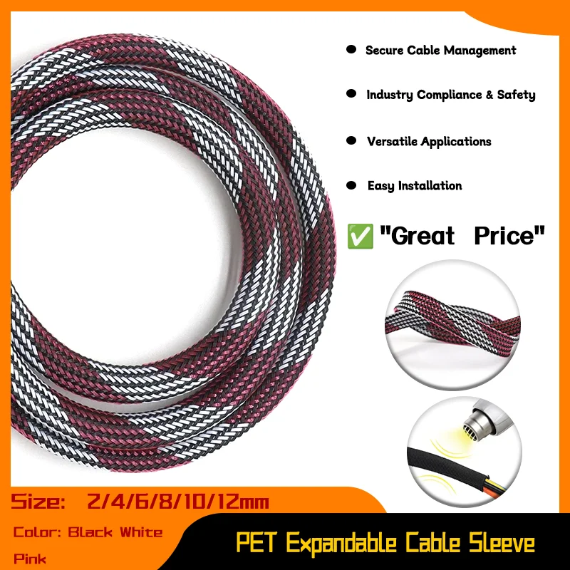 

1~50m Black White Pink PET Braid Sleeve 2/4/6/8/10/12mm High Density Sleeving Snake Skin Cable Wrap Sheath For Electric Cables