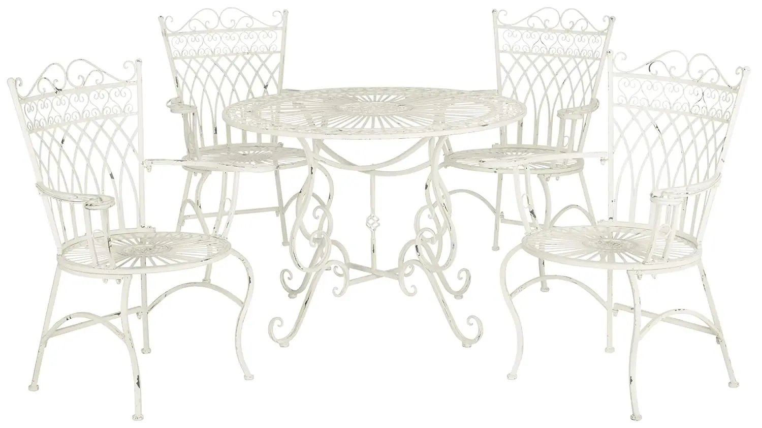 Outdoor 5-Piece Bistro Dining Set - Antique White Iron Metal - Vintage Victorian Scrollwork - Ideal for Patio, Deck