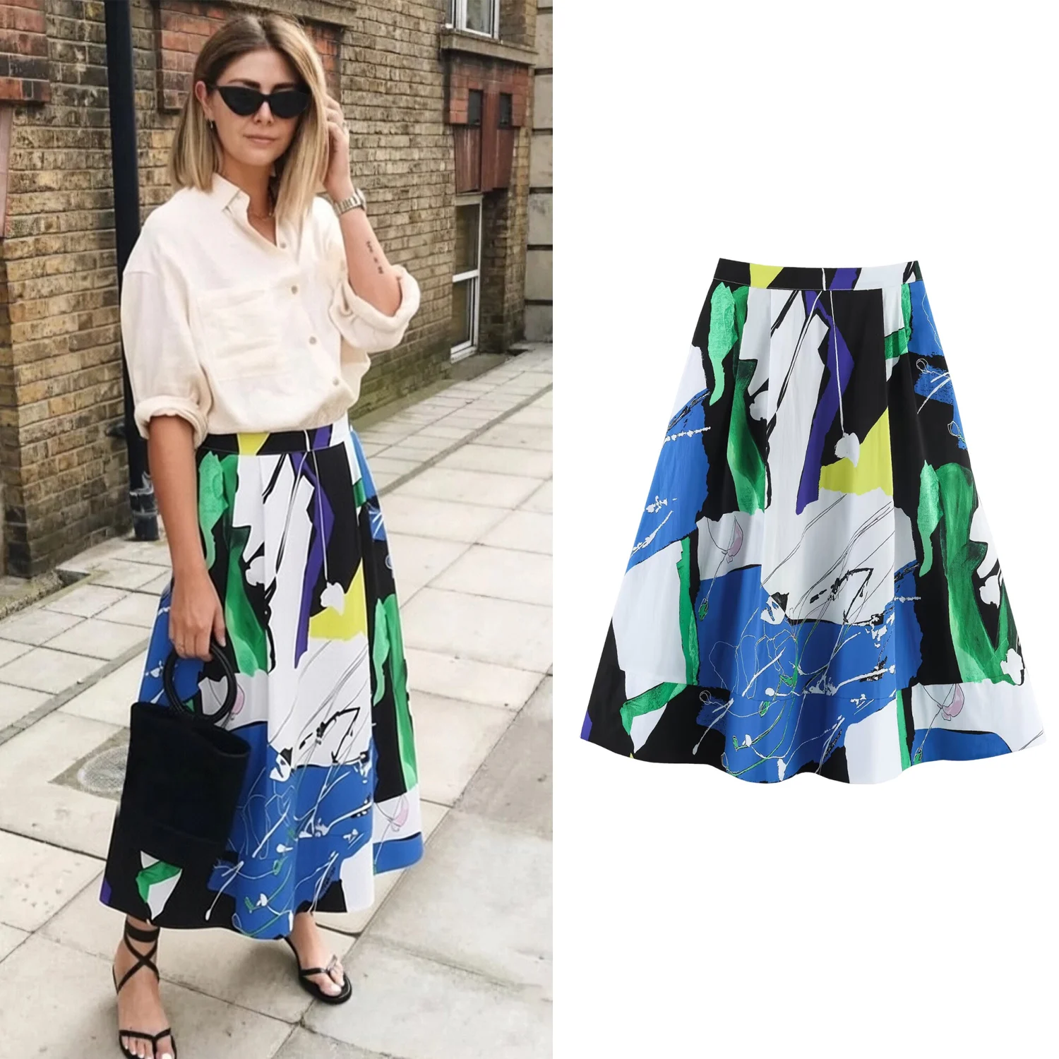 Women's Printed Midi A-line Skirts Spring Summer Female Casual High Waist Pleated Skirt Lady Loose Elegant Street Skirts