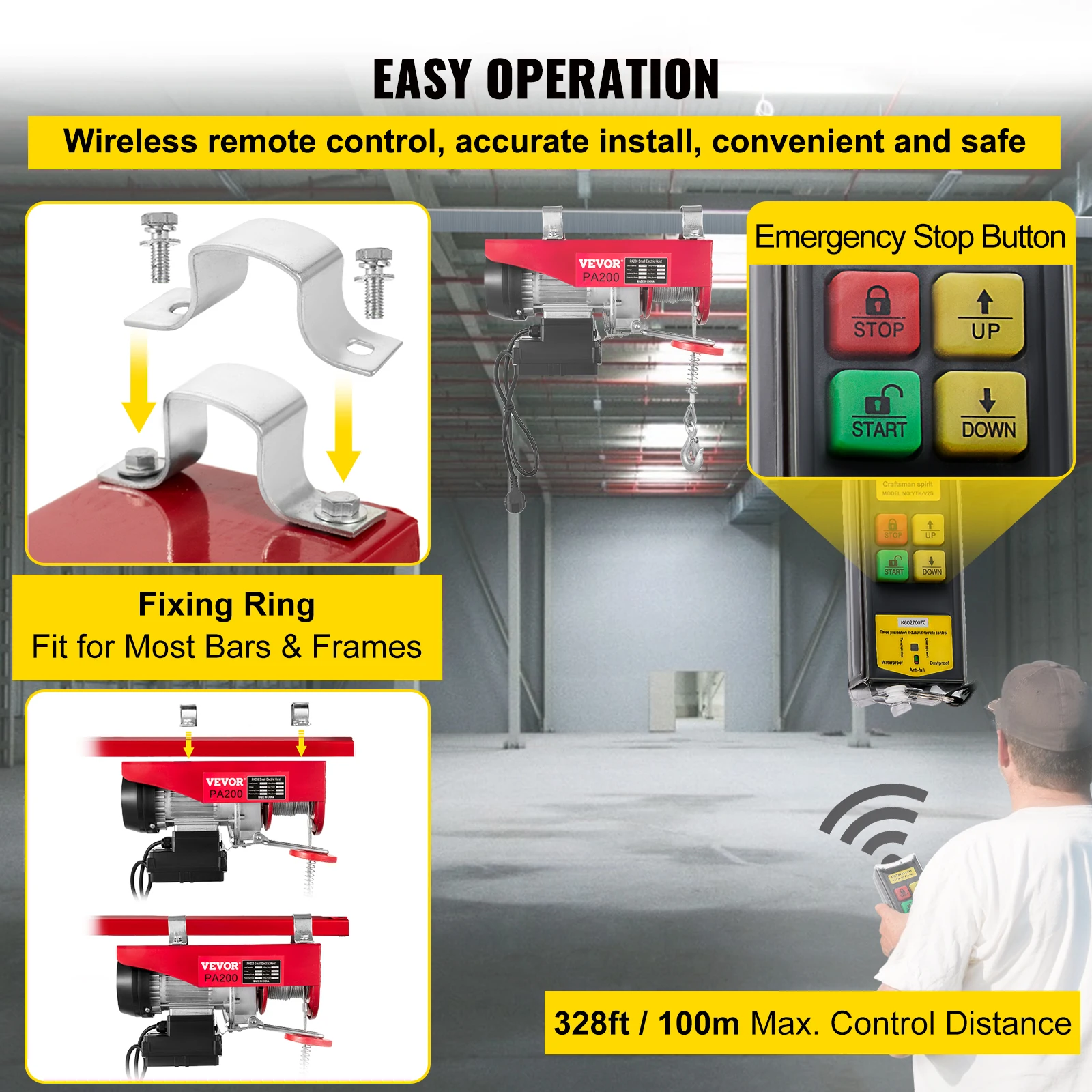 VEVOR Electric HoistElectric Lift with Wireless Remote Control Steel Wire Electric Hoist Cranew/Straps and Emergency Stop Switch