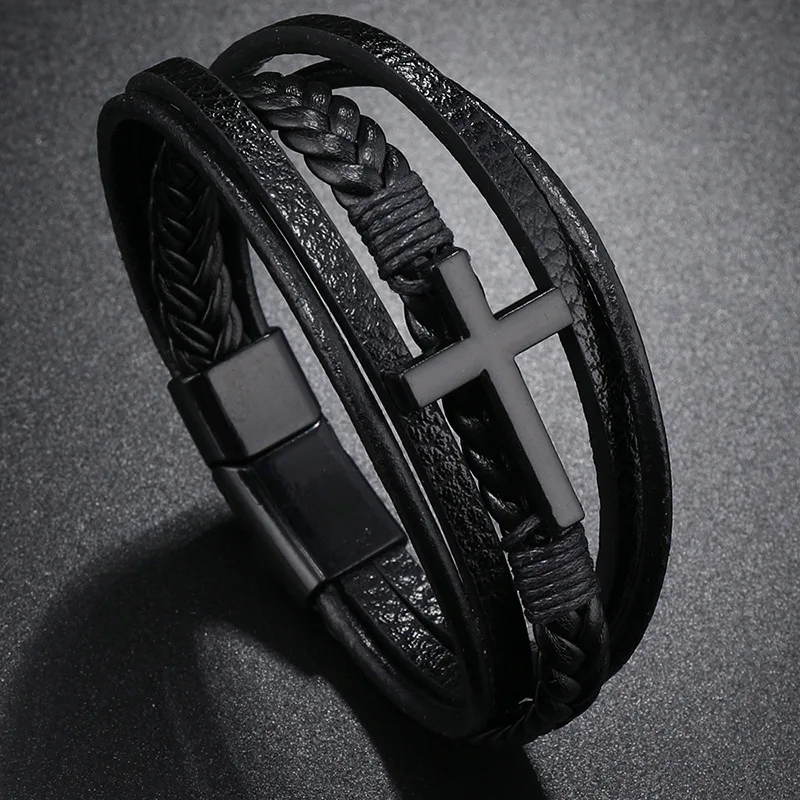 Men's Leather Cross Bracelet New Fashion Hand-woven Rope High Quality Multi-layer Combination Stainless Steel Male Jewelry Gift