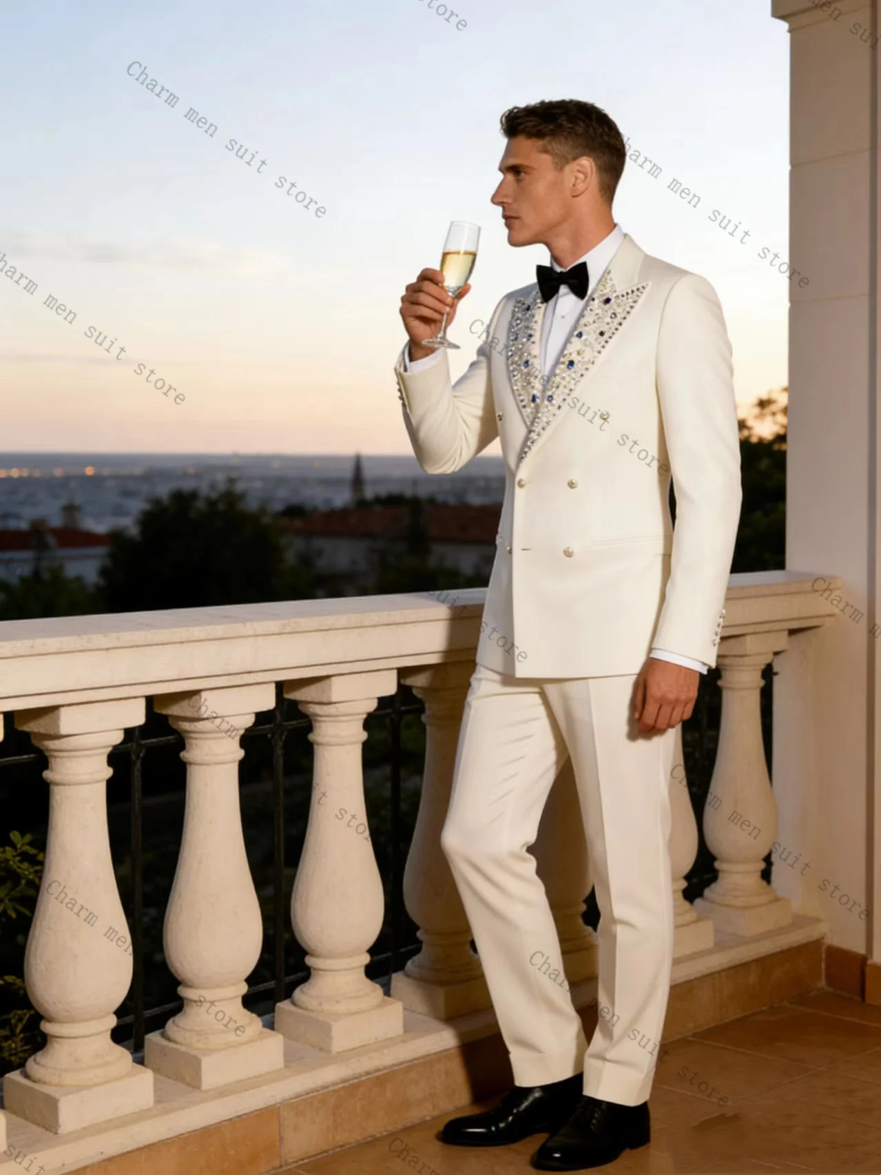 

White Groom Men Suits Set 2 Pcs Blazer+Pants Trousers Luxury Crystals Wedding Tuxedo Formal Office Business Jacket Coat