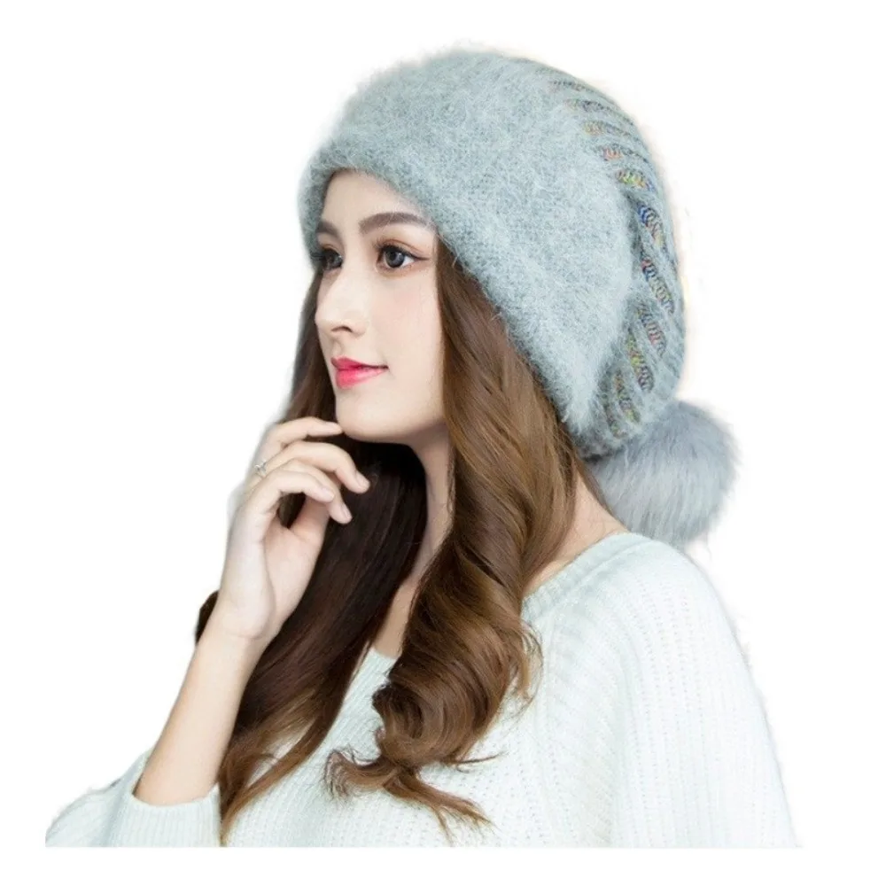 Women Winter Hat Decorate Beanie Hats Rabbit Fur Warm Winter Cap for Female Casual Streetwear Knitted Caps Gorras Para Mujer 모자