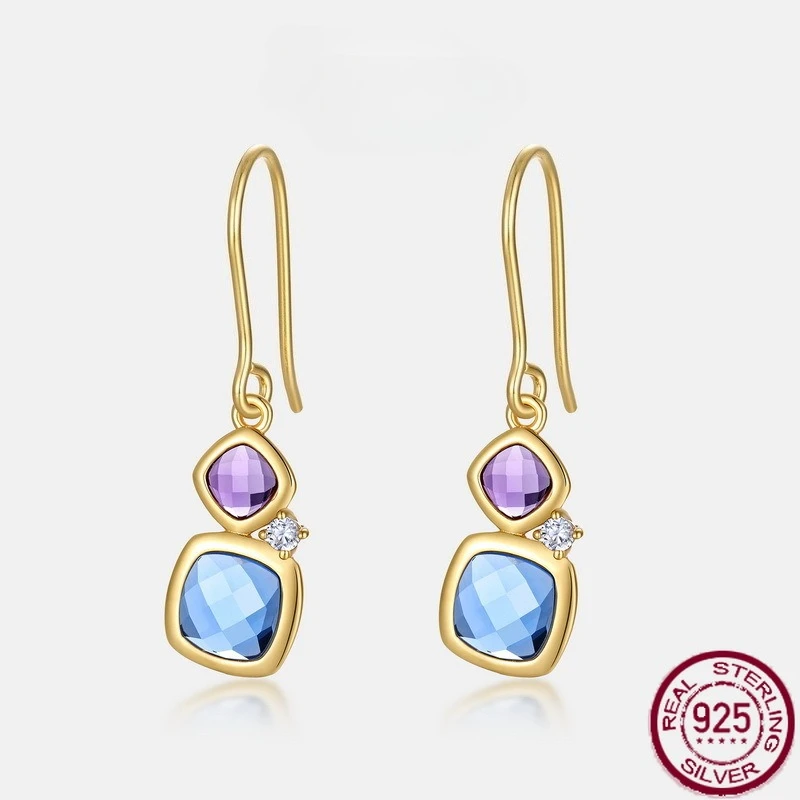 

New S925 pure silver checkered candy inlaid synthetic crystal colored jewelry earrings, simple and luxurious wedding jewelry