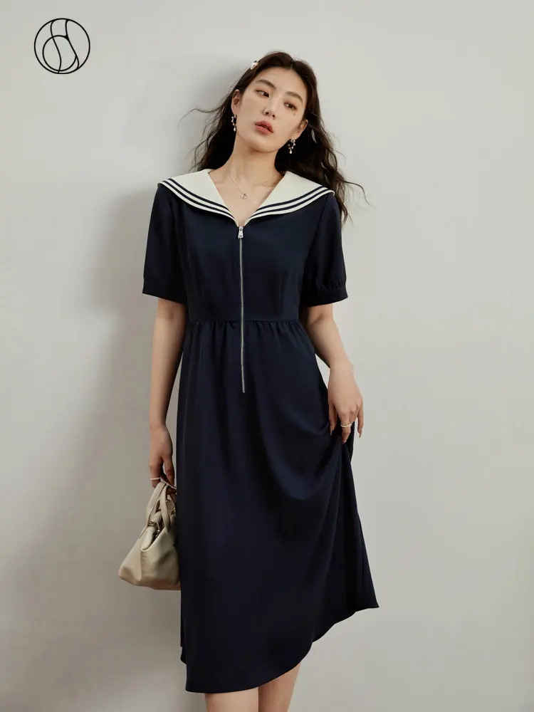 DUSHU Classic Style Navy Wind Contrast Color Age-reducing Dress for Women Summer New Zip Neckline Optional Length Dress Female