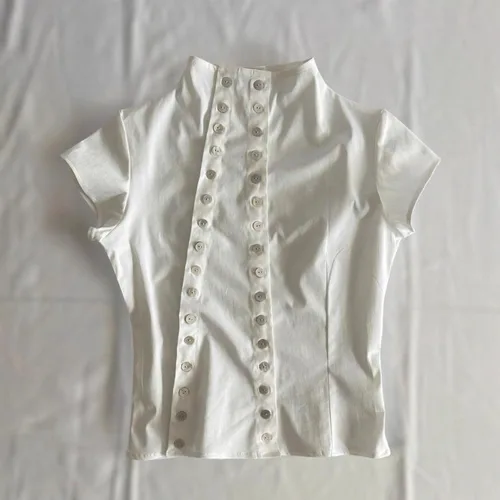 Top de moda minimalista a rayas Harajuku de los años 90, camisas elegantes para mujer, ropa Y2K, camisa de manga corta clásica estética Vintage de Corea