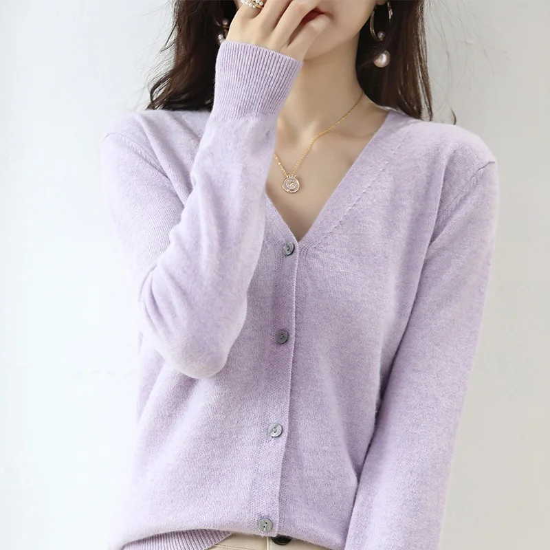 Cashmere Women Cardigan V-Neck Sweater Spring Autumn Winter Female Long Sleeve Wool Knitted Solid Soft