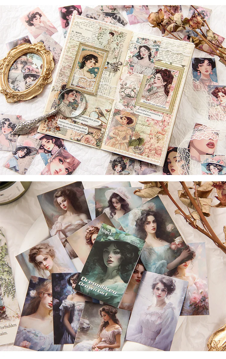 50 Sheets/pack Classical Retro Beauty Scrapbook Journal Diary DIY Paper Stickers Decorative Collages Material