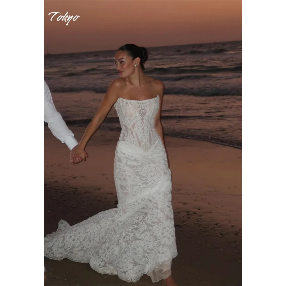 

Tokyo Customized White Strapless Wedding Dresses Elegant Sleeveless Back Zip Bridal Gown 2025 Mermaid Court Train Wedding Gown