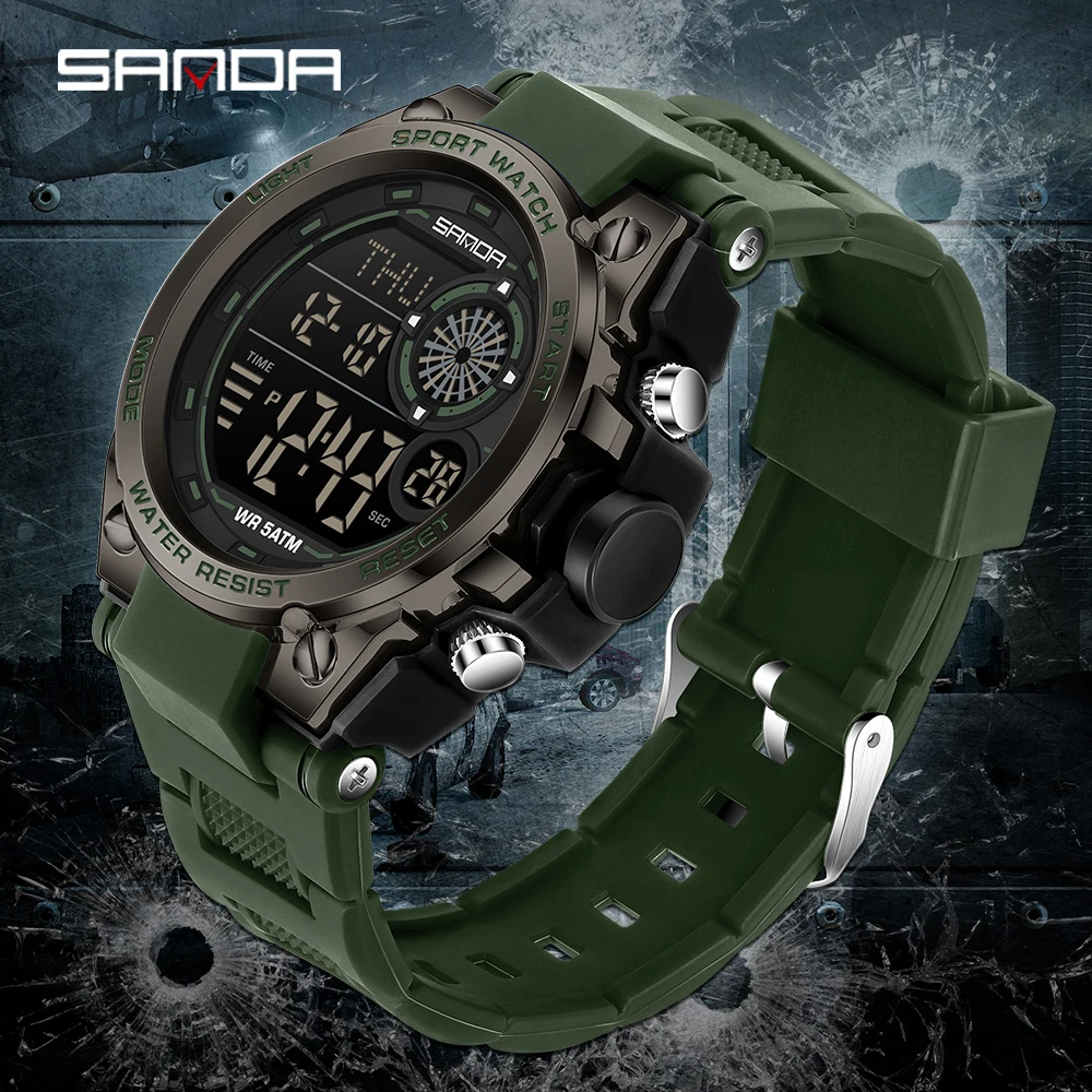 موضة SANDA العلامة التجارية الجديدة 6255 ساعة إلكترونية للرجال رياضية متعددة الوظائف إضاءة مقاومة للماء ضوء الليل ساعة إلكترونية للرجال