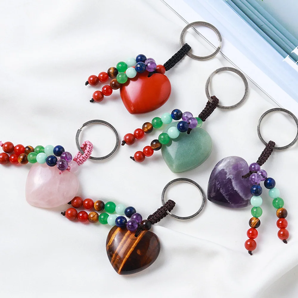 

Natural Stones Amethyst Tiger Eye Rose Quartz Heart Shape With Crystal Beads Keychain 7 Chakra Healing Gemstones Key Ring Charms