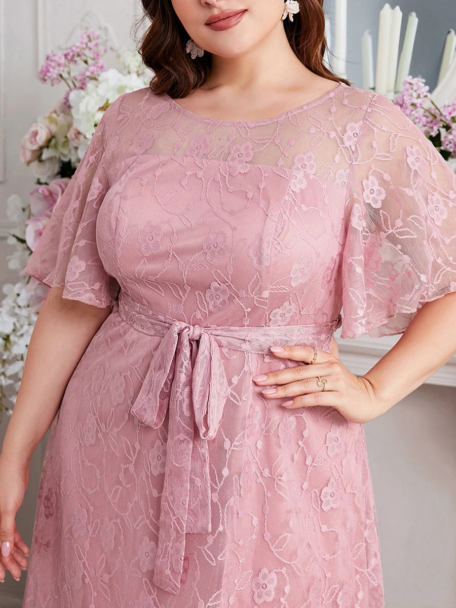 Women Plus Size Dress Casual Summer Tie up High Waist Floral Lace Short Sleeve A-Line Party Dress for Streetwear