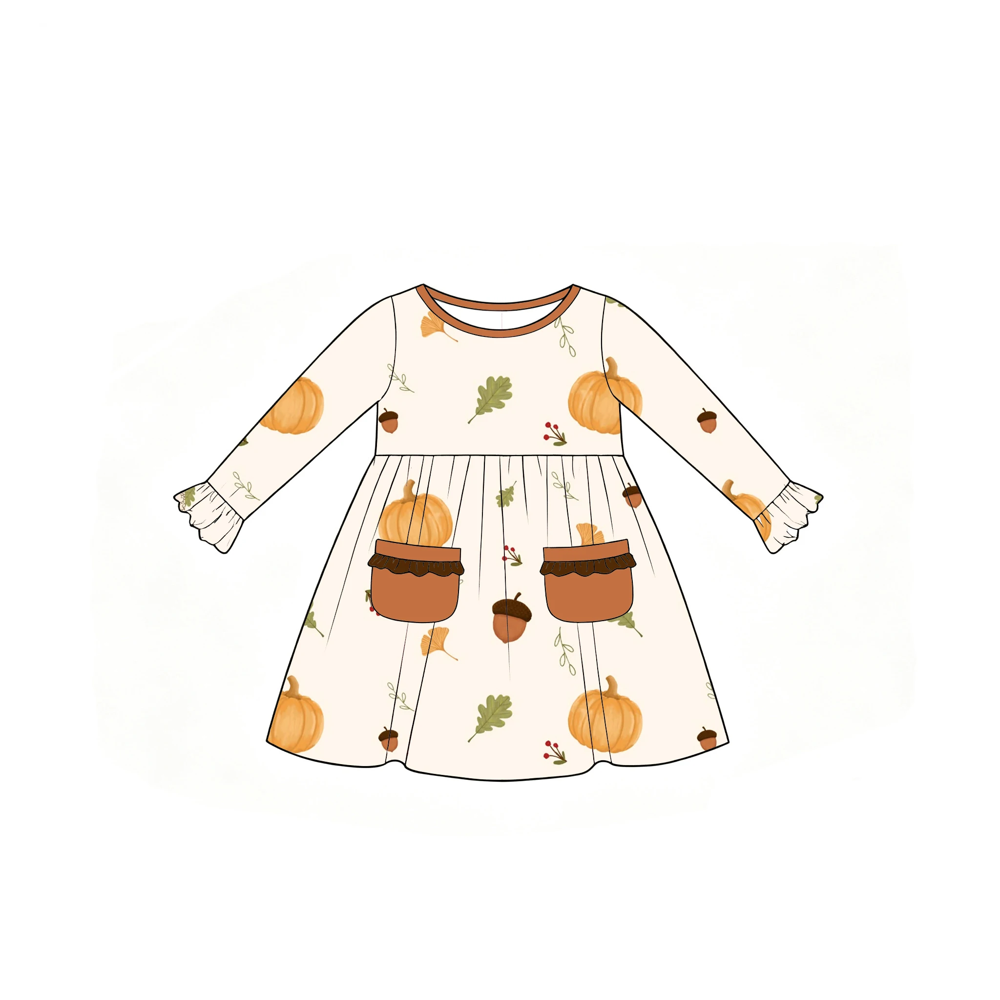 Boutique children's dress Thanksgiving Day Round-neck Long-sleeved pocket ruffle detail dress pumpkin flower print wholesale