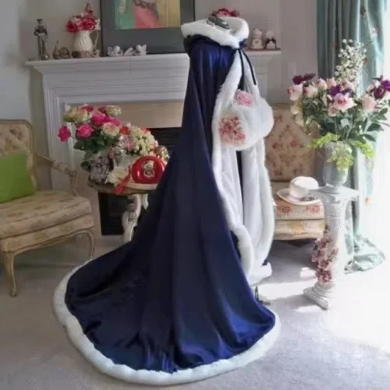 Navy Blue Hooded Cloak Bridal Cloak Winter Long Faux Fur Bordered Wedding Cloak Custom Size Fur Wrap