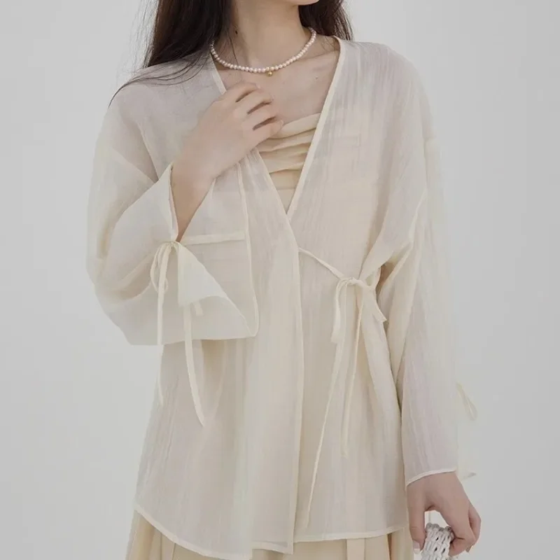 

Куртки женские летние прозрачные шифоновые повседневные топы на шнуровке универсальная верхняя одежда простая модная свободная нежная ретро