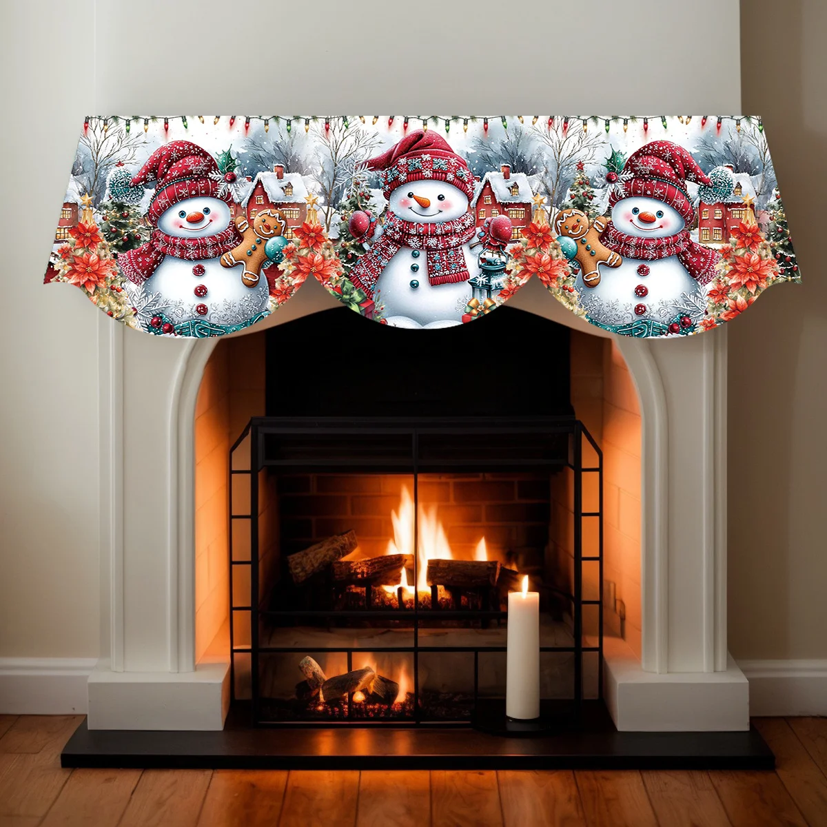 Christmas Fireplace Mantel Scarf Gingerbread Man Snowman Mantel Topper Xmas Fireplace Shelf Cover Winter Holiday Indoor Decor