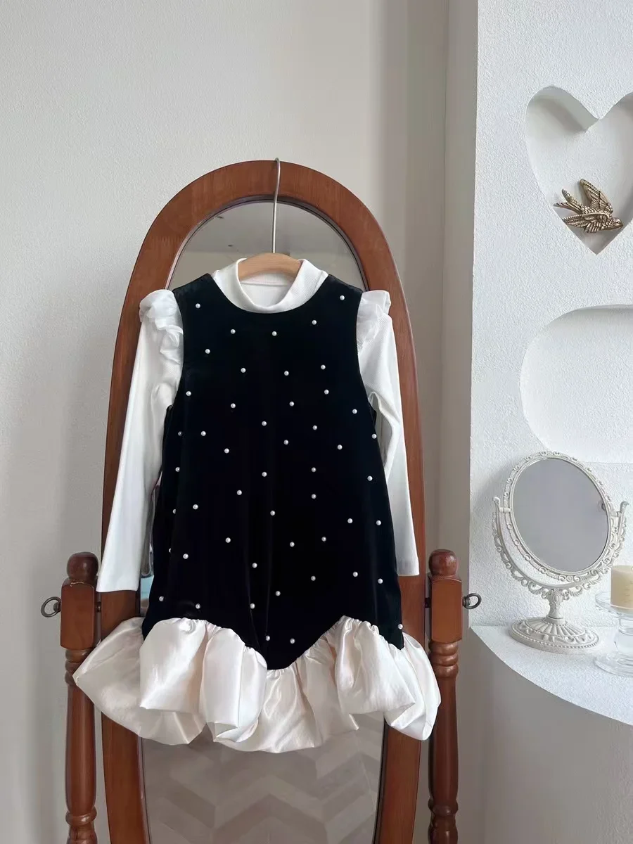 

Lotus Skirt Pure Cotton Base Cover 120-170cm Girls' sundress Autumn New Preppy Beaded French Black Princess Dress