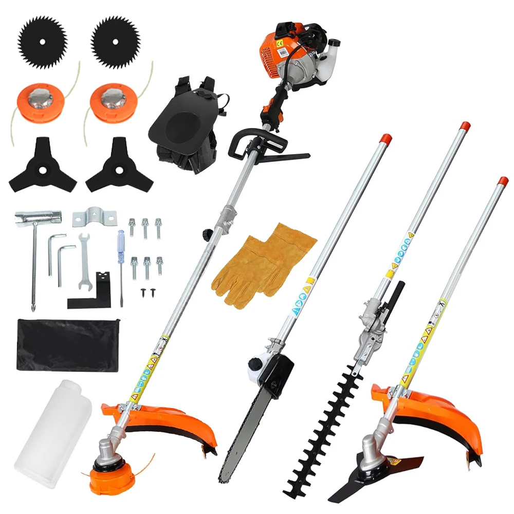 52cc Gas Trimmer Weed Eater, 6 in 1 String Trimmer, Wheeled Edger, Hedge Trimmer and Brush Cutter Blade for Quick Weed Grass Cleaning Crop Seed Soil Protection Tools