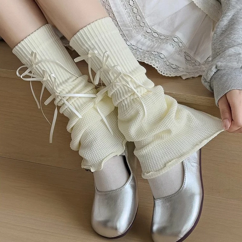 Ribbon Bow Leg Warmers Women Y2K Flare Slouchy Knit Balletcore Daily Outfit Sweet Cool Girls Aesthetic Leg Warmers Party Costume