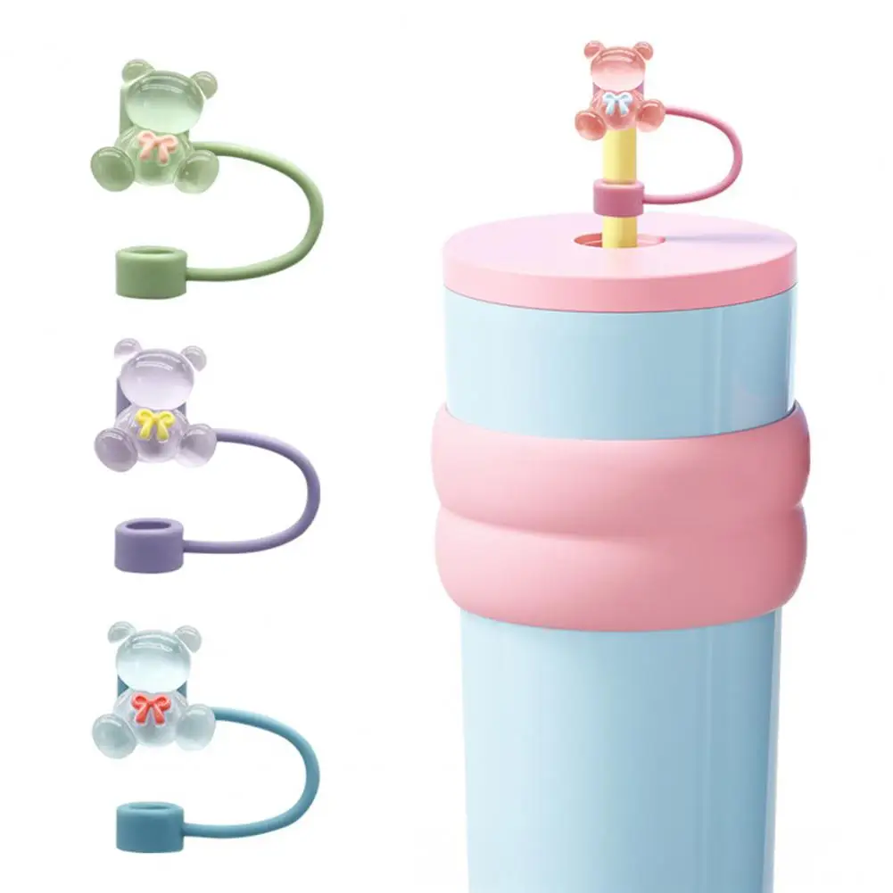 Straw Cap Silicone Reusable Drink Lid Stopper 2pcs Silicone Straw Caps with Bear Design Dust-proof Drink Lid Protectors for Cups