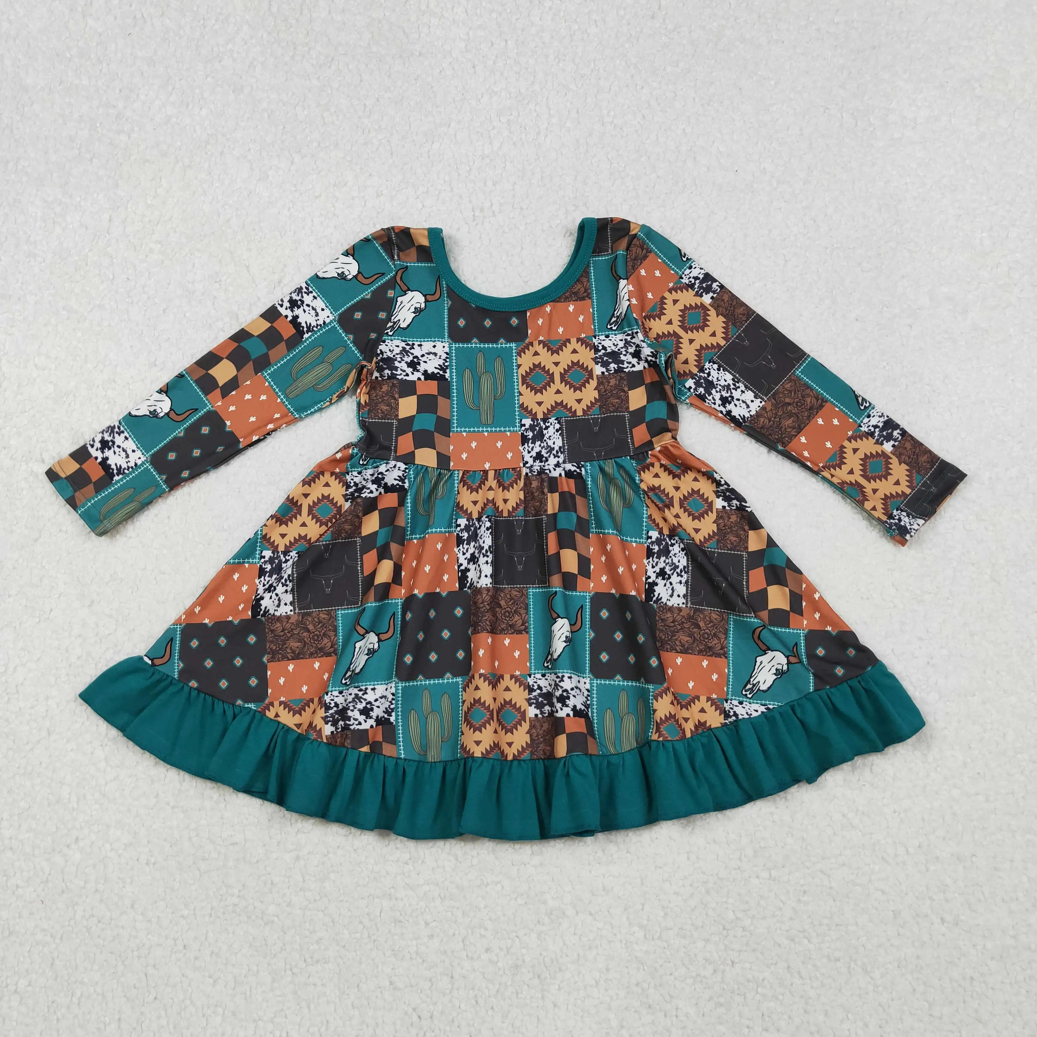 

z1017-16 GLD0837 girl dresses baby girl clothes western cow head long sleeve Dress Wholesale Boutique kids clothes girl