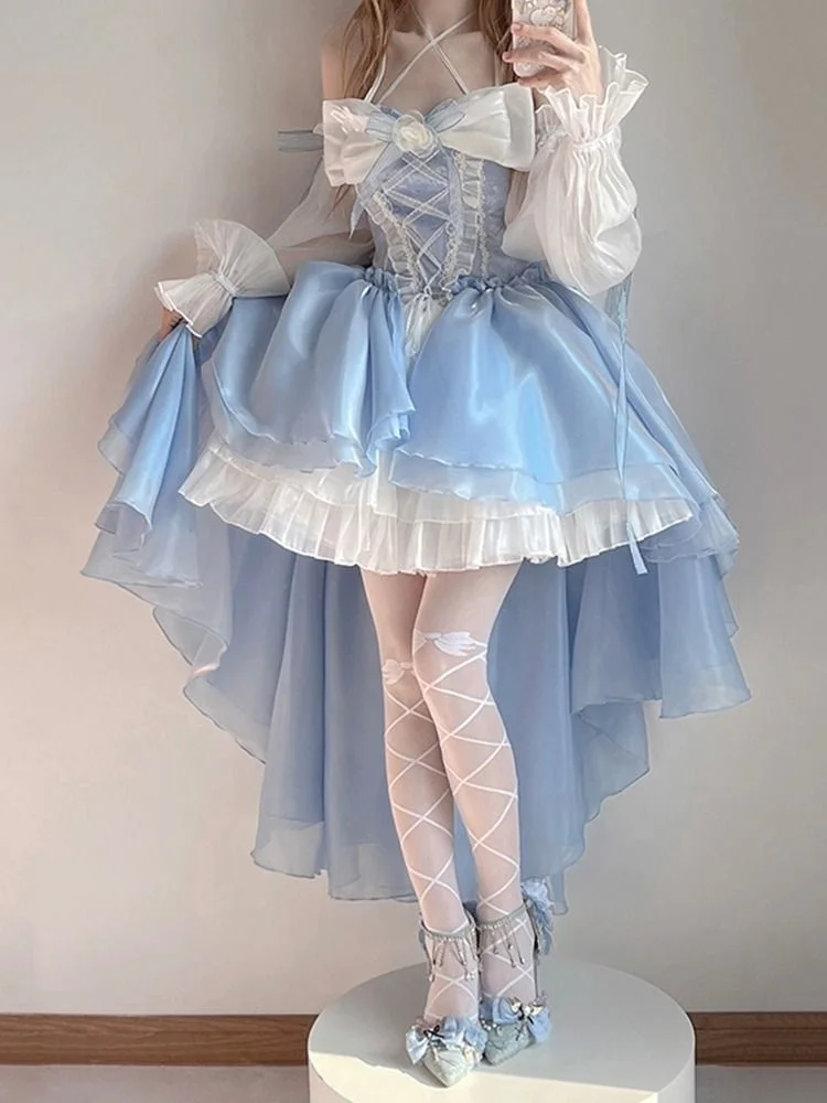 Blue Lolita Dress Design Front Short Back Long Flower Wedding Dress Heavy Industry Large Bow Tie Trailing Princess Skirt