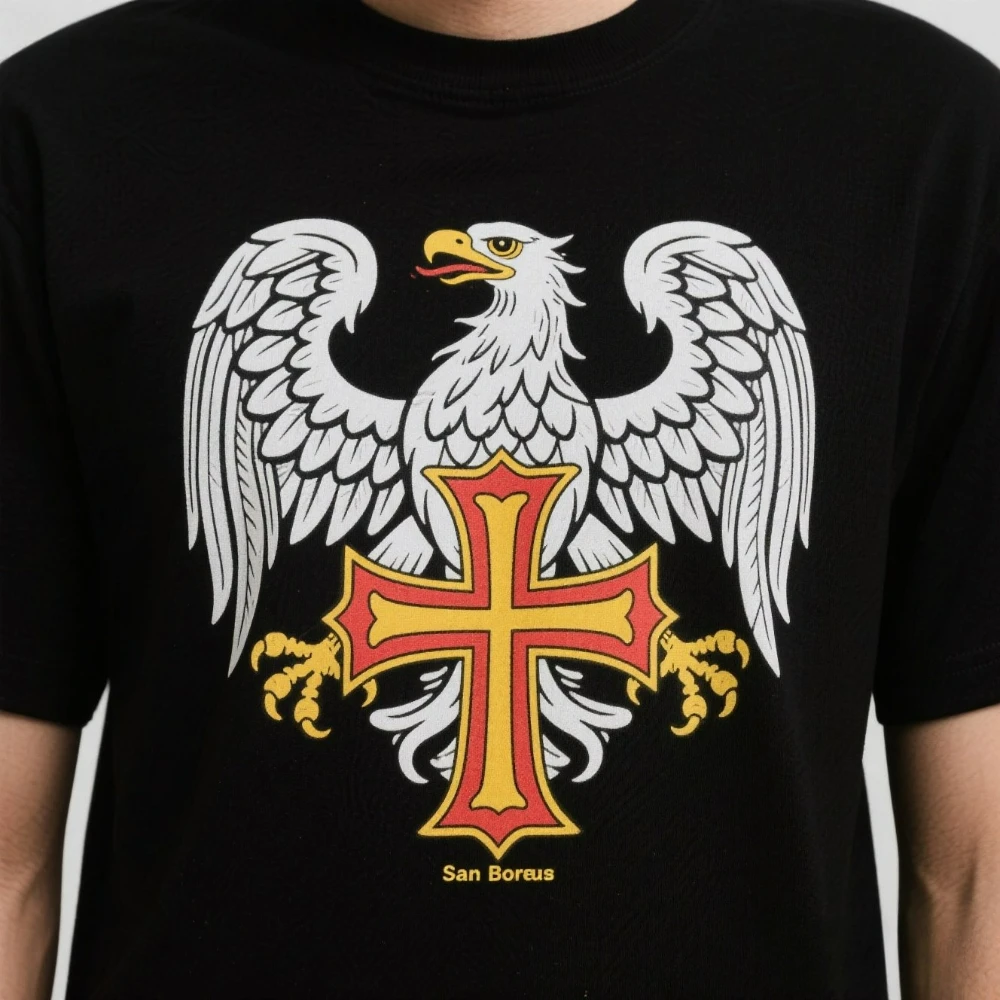 

double-headed eagle, third, Spain, cross San Andres, cross Bordeaux short-sleeved T-shirt and round neck men, cotton, T-shirt .