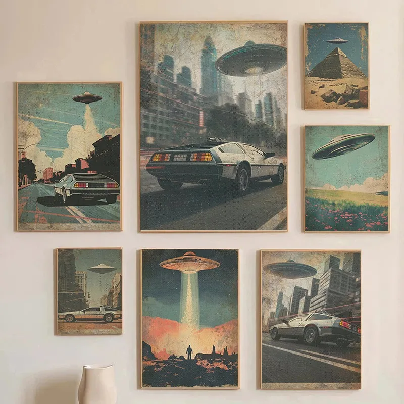 Retro Sci-Fi UFO Time Machine Flying Saucer Art Poster Vintage 80s 90s Car Abstract Canvas Painting Picture Wall Home Decor Gift