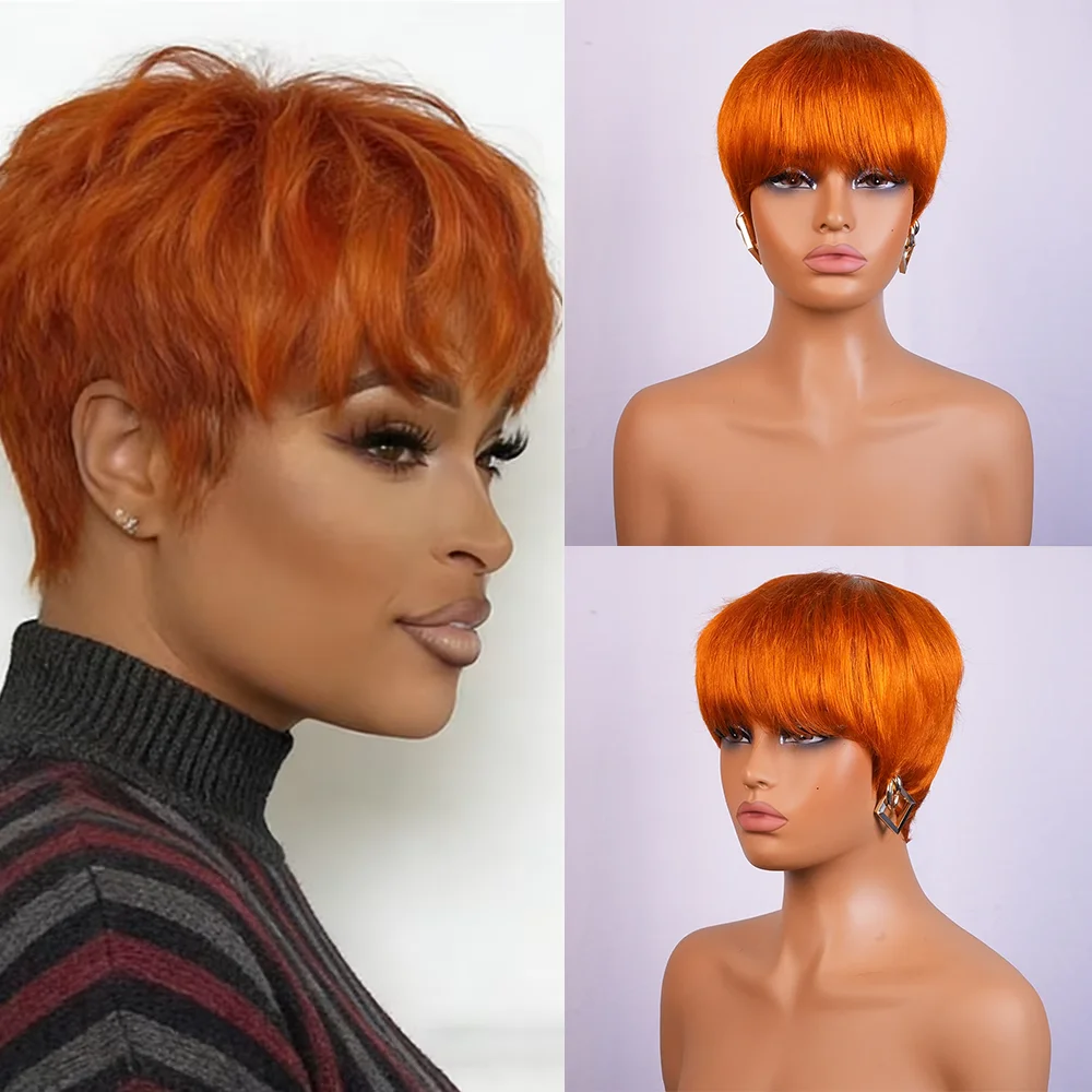 Orange #350 Short Straight Pixie Cut Wigs Human Hair 100% Natural Realistic Full Machine Made With Bangs For Women