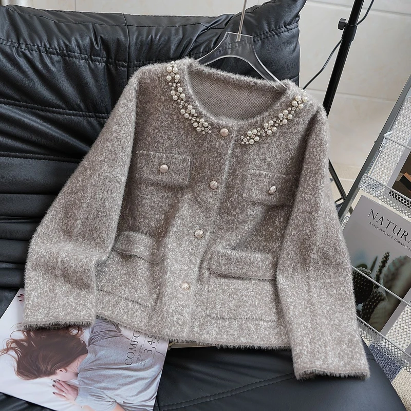 Premium Thick Crew Neck Jacket, New Style, Elegant Knit Beaded Loose Fit, Slim Fit, Harajuku Retro, Minority Fashion Top