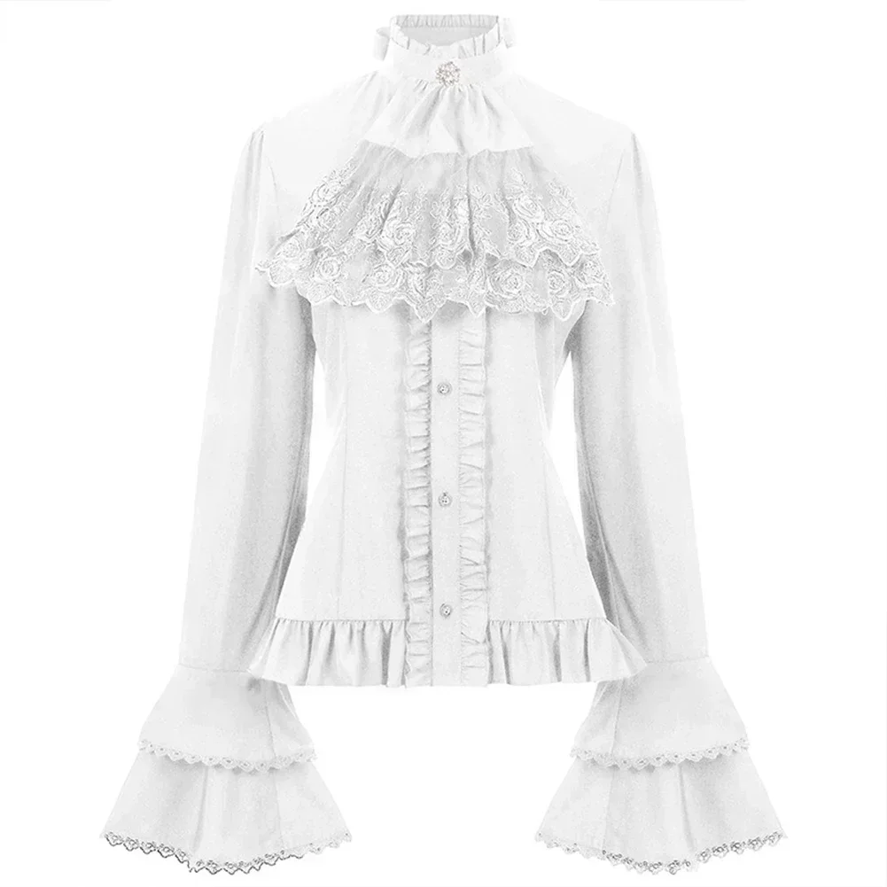 Vintage Design Women\'s Flare Sleeve Lace Ruffles Bandage Solid Shirt in Victorian Gothic Style and Vintage Design