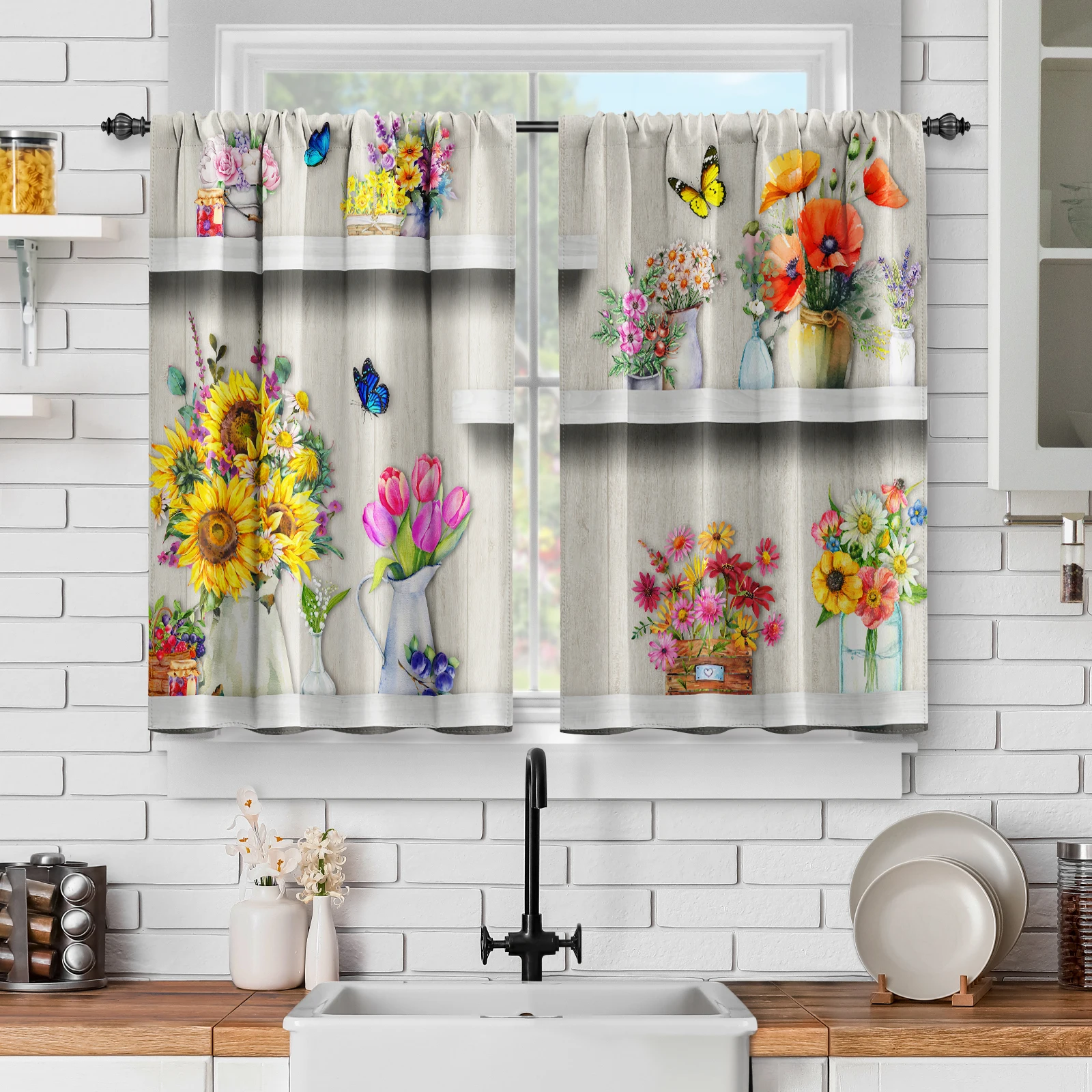 

2 Panel Butterfly Flower Kitchen Curtains,SunFlower Curtains Short Cafe Curtain for Living Room Abstract Aesthetic Art Decor