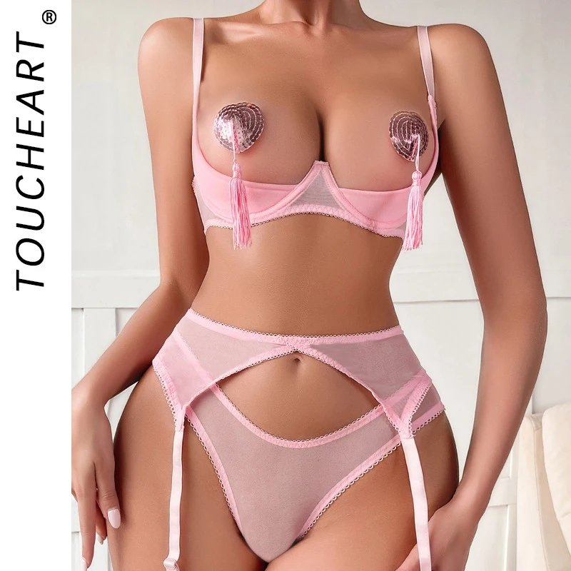 Toucheart 4-Piece Sexy Lingerie Set For Women Exposed Breasts Nipple Pasties Sexy Mesh See-Through Peach Buttocks Underwear New