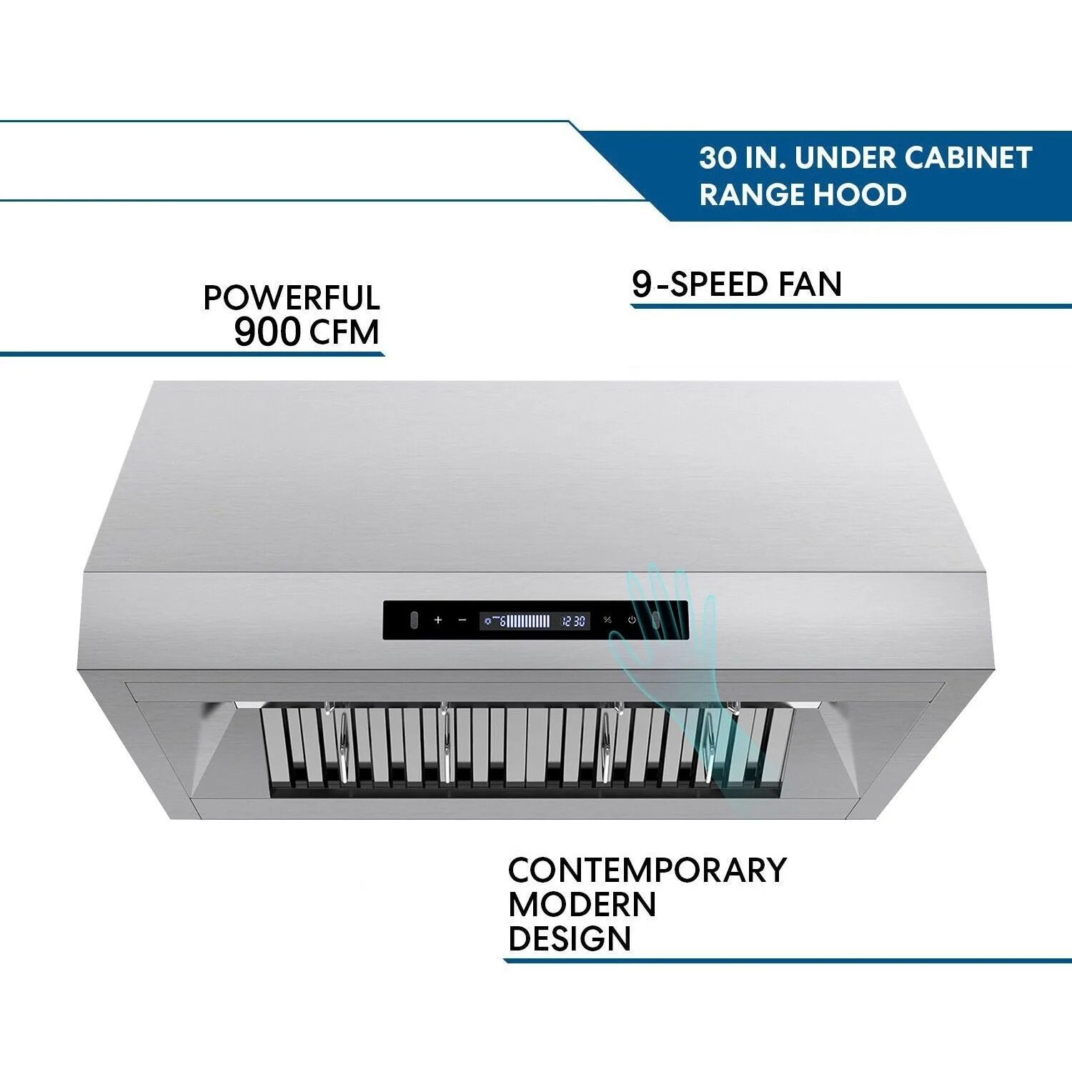 900CFM 30 inch 9-Speed Vent with Led Bulb Dishwasher Clean Filter Under Cabinet Range Hood