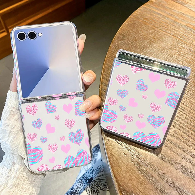 

Cute Love Heart Phone Case For Samsung Galaxy Z Flip 7 6 5 4 3 For Samsung Flip7 Flip6 Shockproof Hard Transparent Cover Fundas