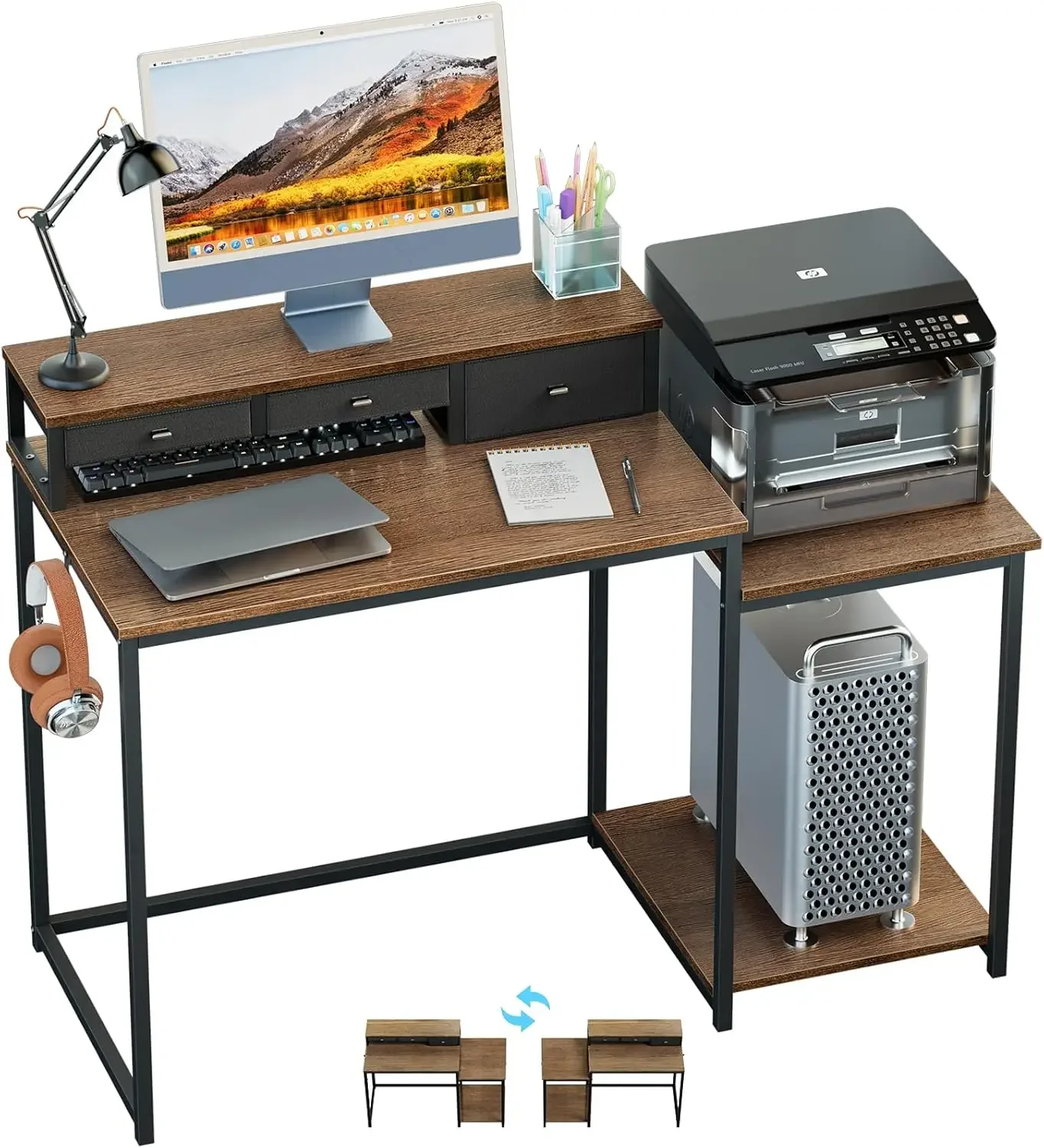 47 inch Computer Desk with Printer Shelf, Gaming Desk with Monitor Stand and Drawers, Reversible Home