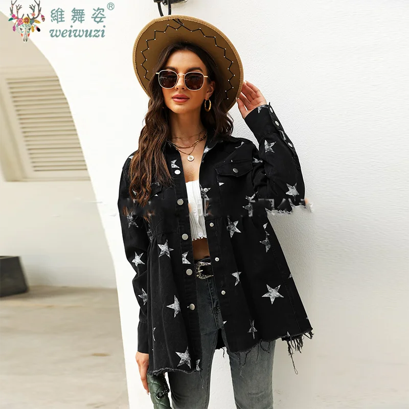 Women Vintage Denim Jacket Y2K Stars Print Lapel Long Sleeve Single Breasted Coat Female Pocket Loose Casual Street Denim Shirt
