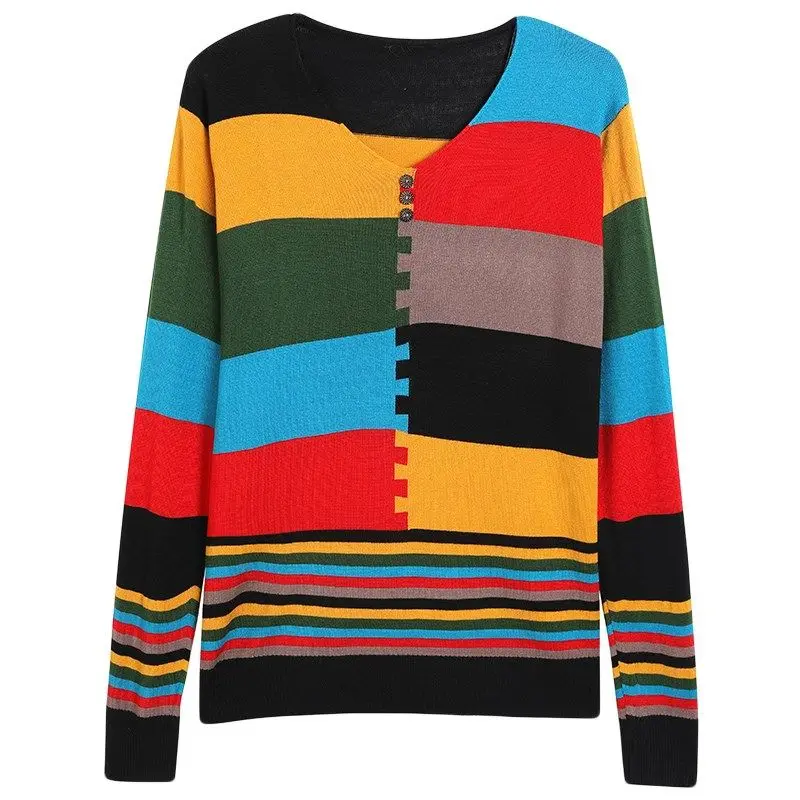 Casual V-Neck Contrasting Colors Striped Sweaters Autumn Winter New Fashion Button Long Sleeve Knitted Jumpers Women\'s Clothing