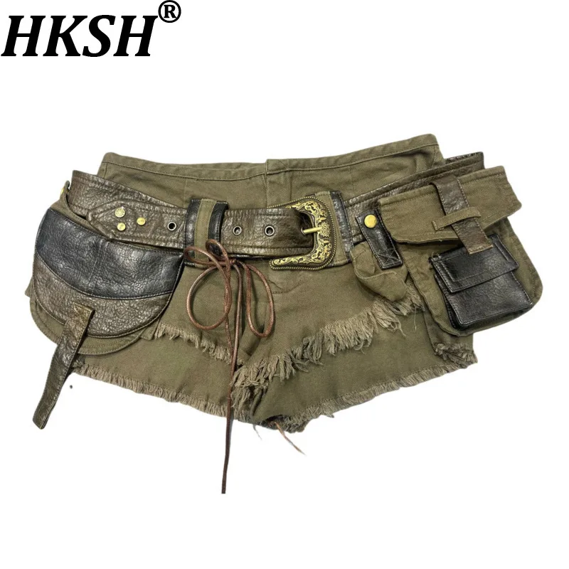 HKSH 2026 شورت صيفي جديد تصميم غير متماثل جيوب بحزام المتعثرة الأمريكية الرجعية مثير Ins سفاري نمط سراويل قصيرة HK17508