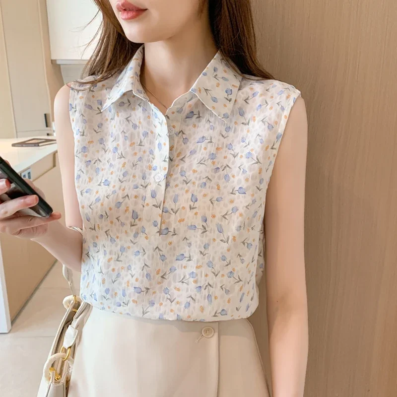 Summer Women\'s Blouse Floral Elegant Shirt Sleeveless Tank Tops Blouses Chiffon Female Clothing Office Lady Shirts and Blouses