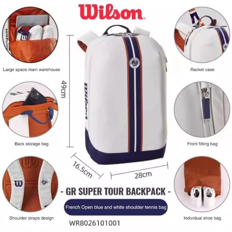 Wilson Super Tour Roland Garos 2023 Tennis Racket Bag Large Capacity Unisex Racket Backpack with Partial Racquet Compartment