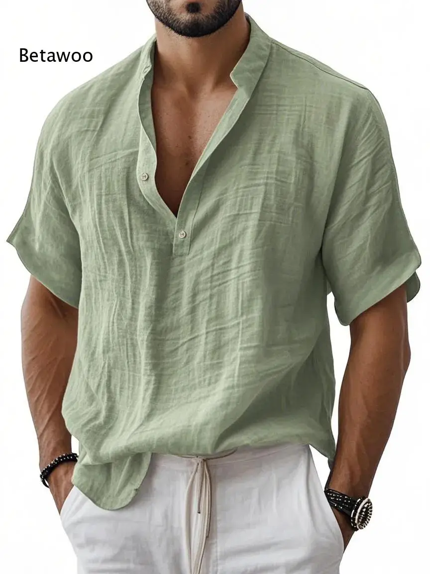 Stylish Men Henley Collar Short Sleeve Pullover Shirt Partial Button Closure Loose Fit Top For Travel And Casual Daily Looks