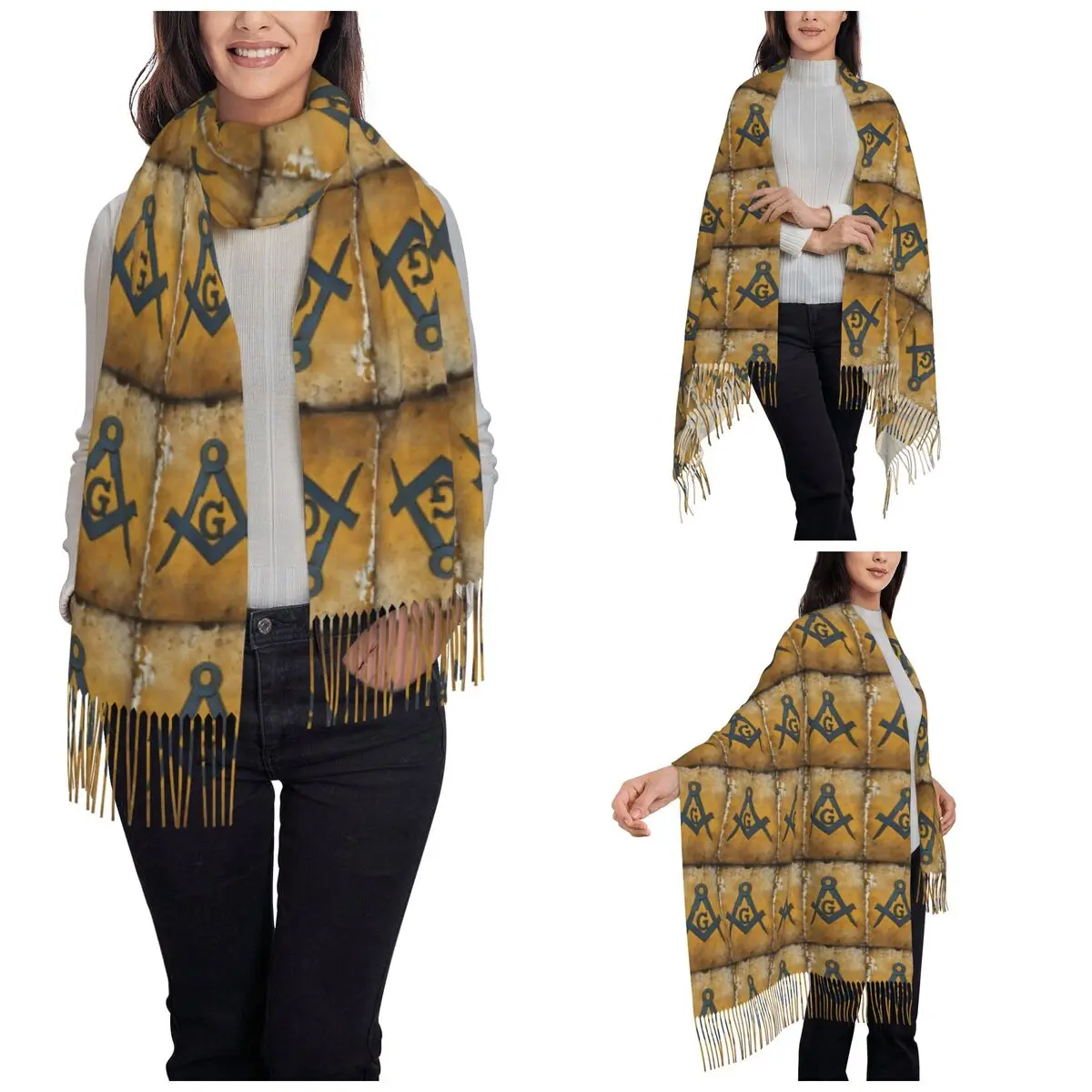 Womens Scarf with Tassel Square & Compasses Masonic Freemason Large Winter Warm Shawl Wrap Gifts Pashmina Scarves