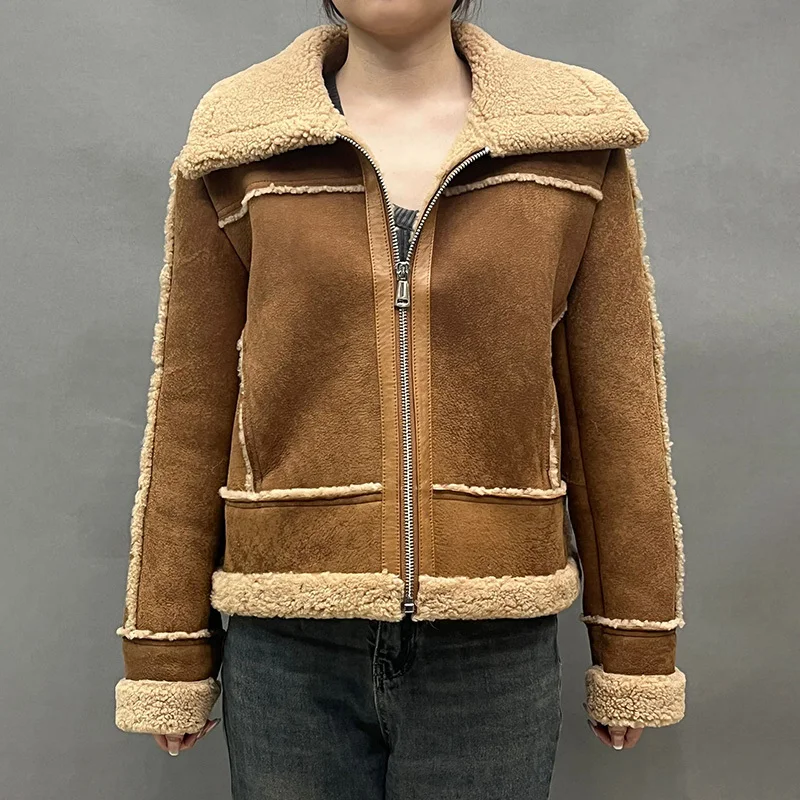 2024 Fashion Shearling Jacket Winter Thick Warm Wool Lined Coat Genuine Sheepskin Women Vintage Outerwear