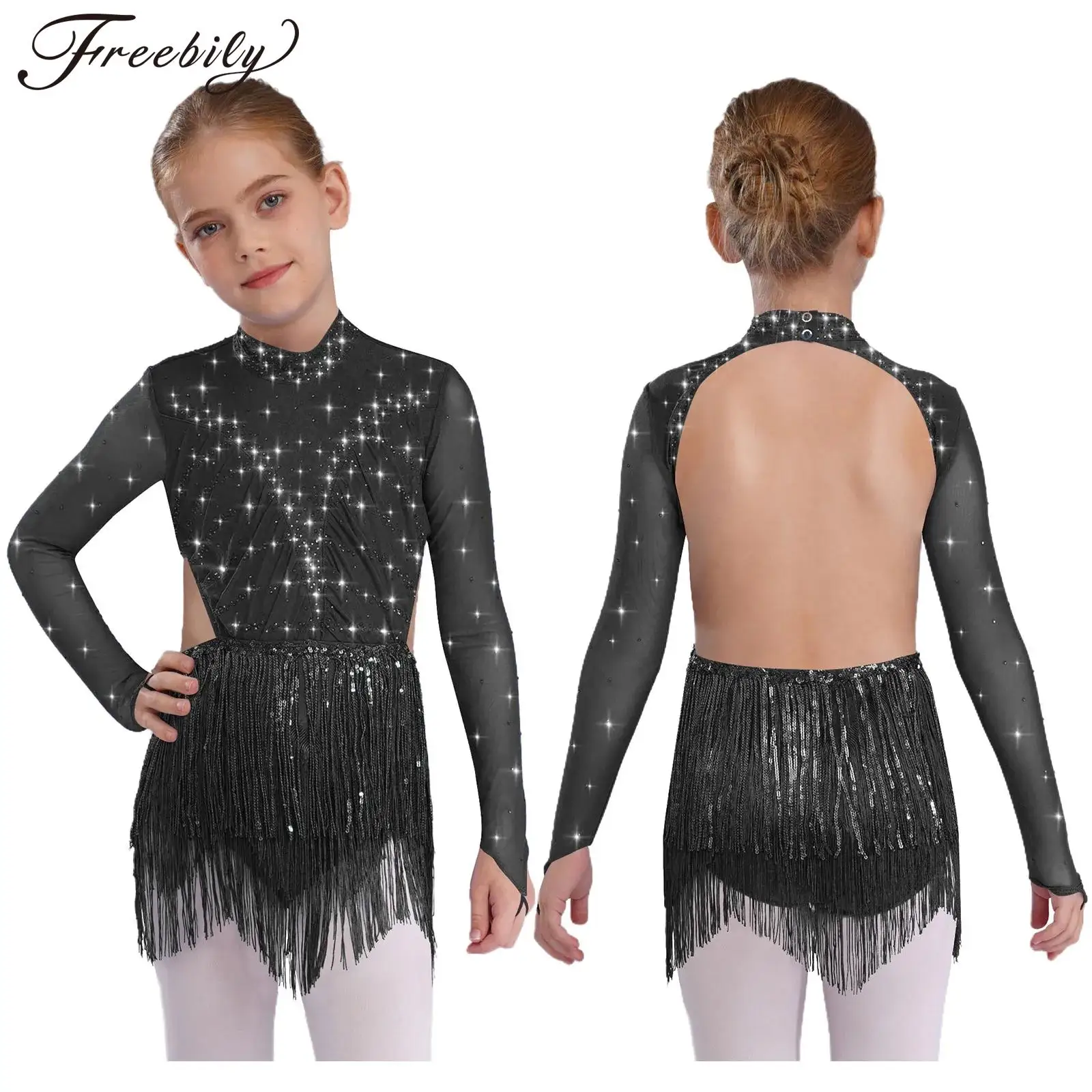 

Kids Girls Tassels Latin Dance Cha-Cha Tango Jumpsuit Long Sleeve Shiny Rhinestones Ballet Gymnastics Figure Skating Leotard