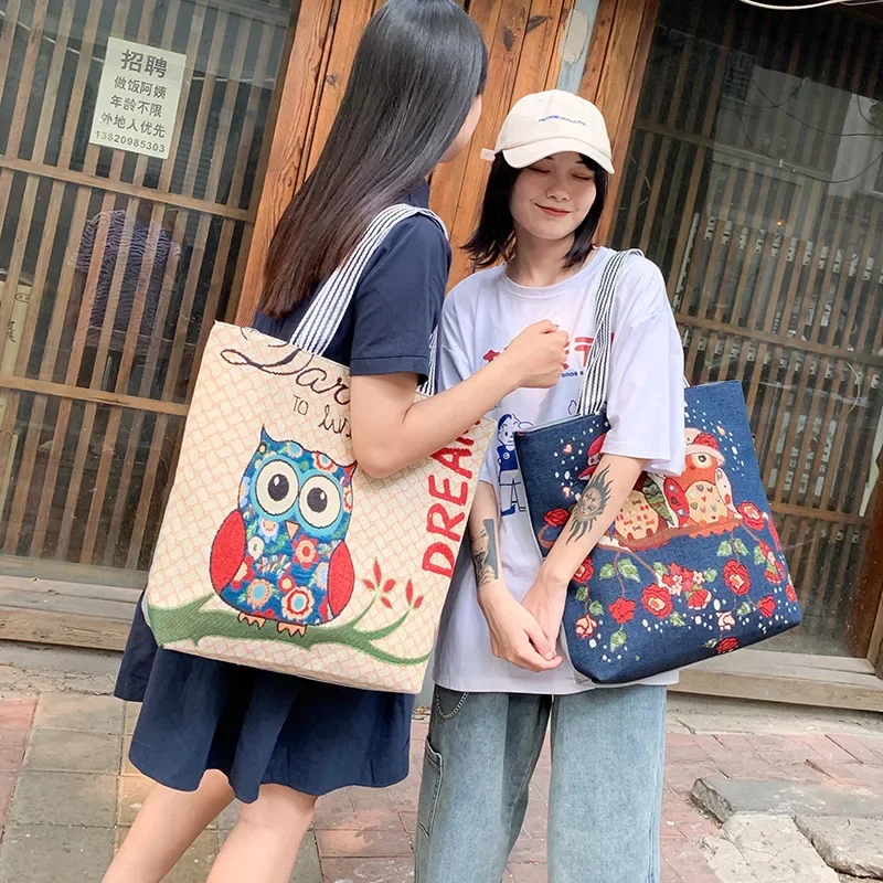 Women Canvas OWL Tote Bag Cute Cartoon Illustration Shopping Bag Girl Cotton Cloth Shoulder Bag Female Handbag Beach Shopper Bag